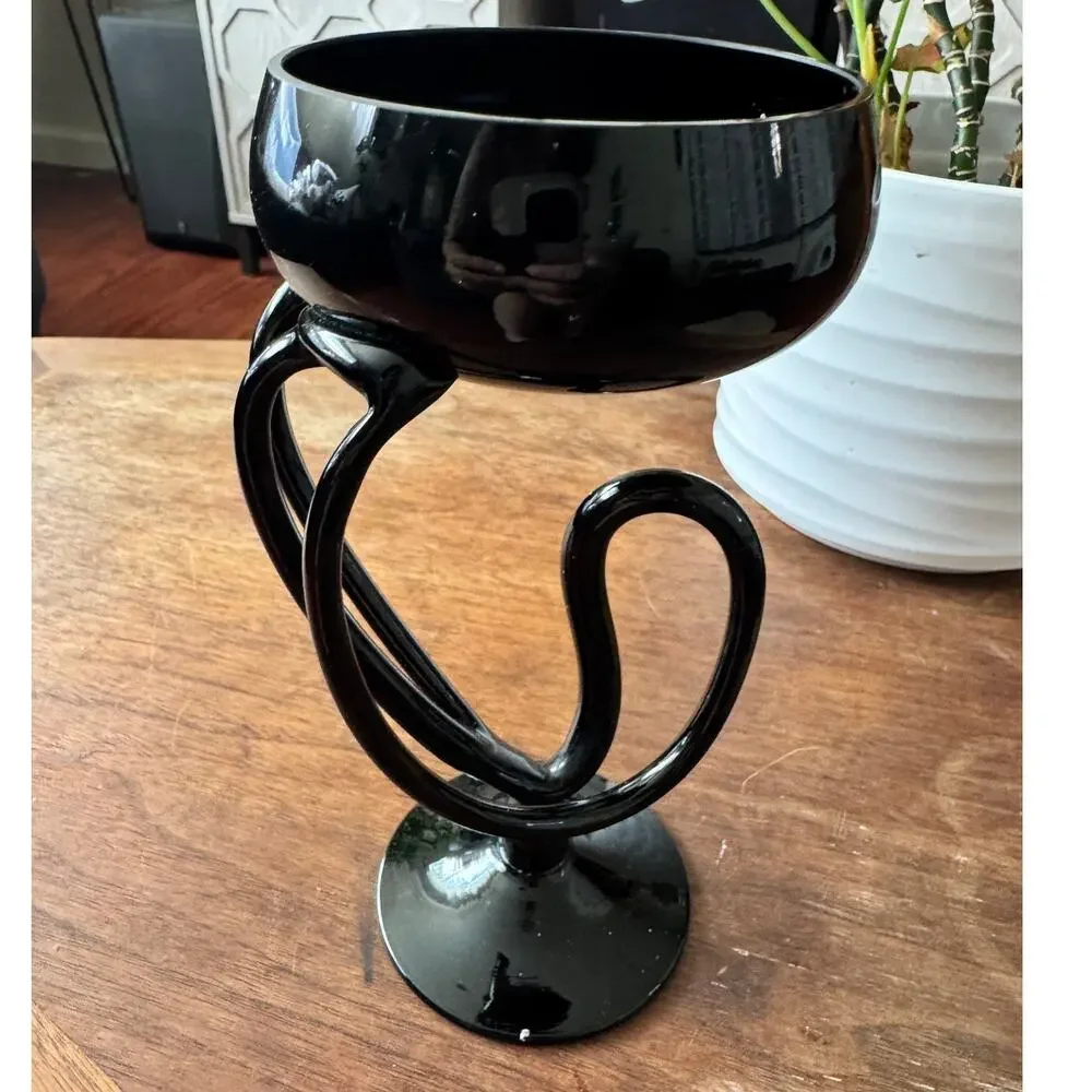 Vintage Makora Krosno Poland Black Art Glass Octopus Jellyfish Pedestal Bowl